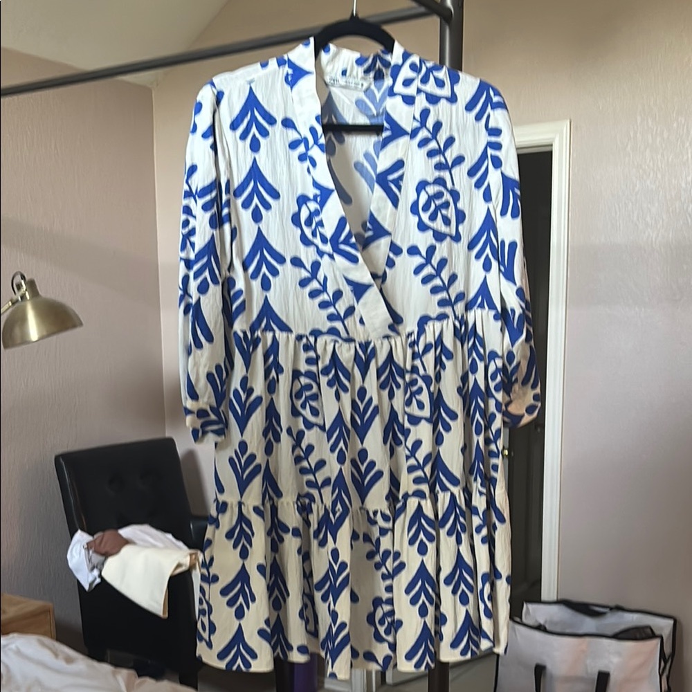 Zara Blue and White Pleated Wrap Sundress